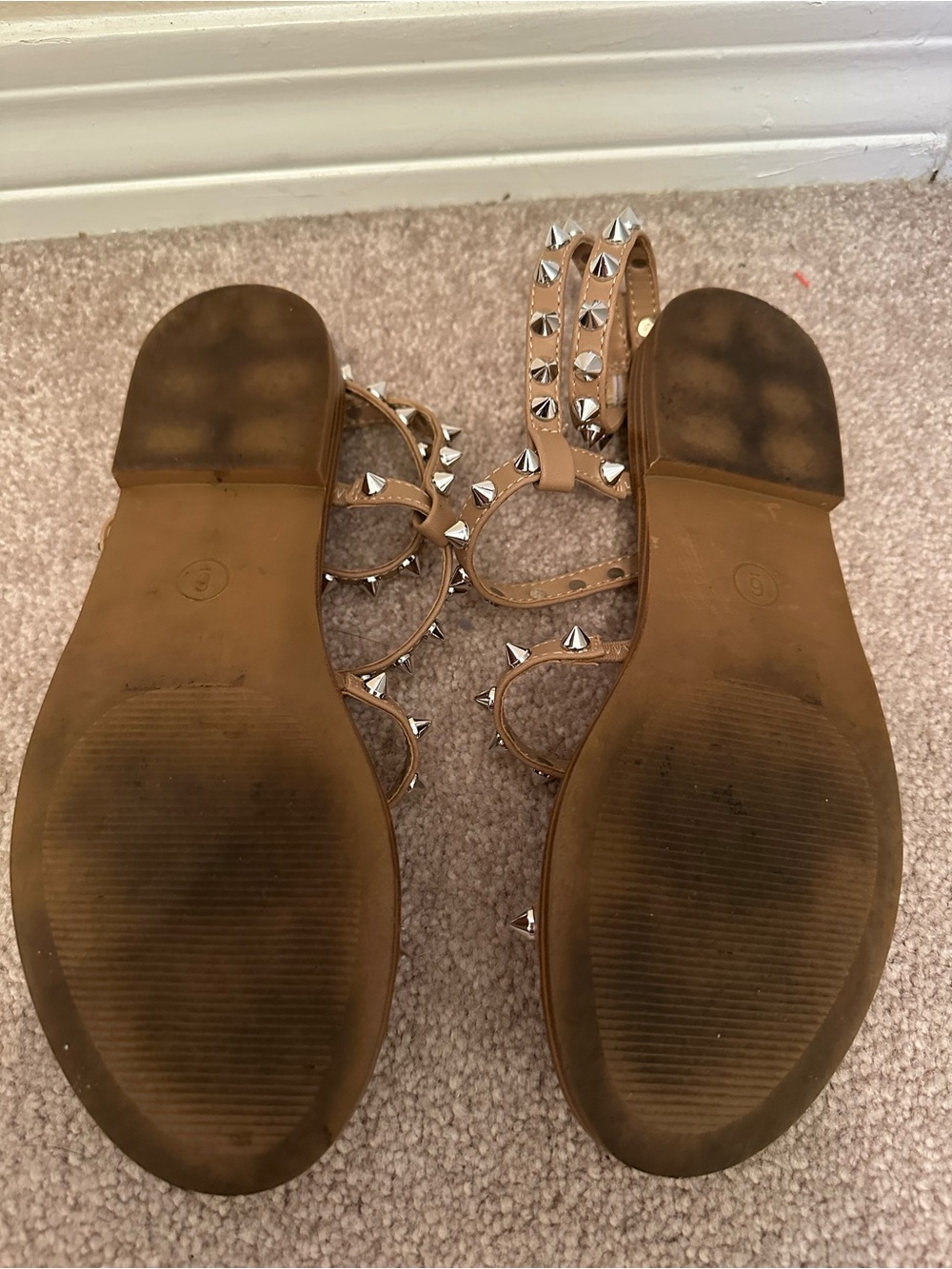 Steve Madden Brown Studded Gladiator Sandals with Silver Spikes - Picture 2 of 4